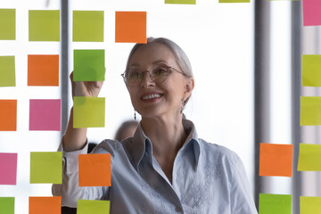 Smiling middle-aged businesswoman stand in front of glass wall in office, writes solutions, new...