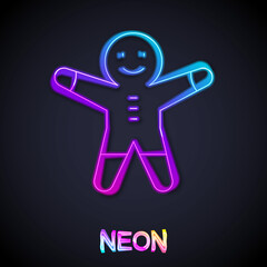 Glowing neon line Holiday gingerbread man cookie icon isolated on black background. Cookie in shape of man with icing. Vector