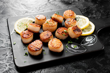Grilled scallops with creamy lemon spicy sauce on black background.