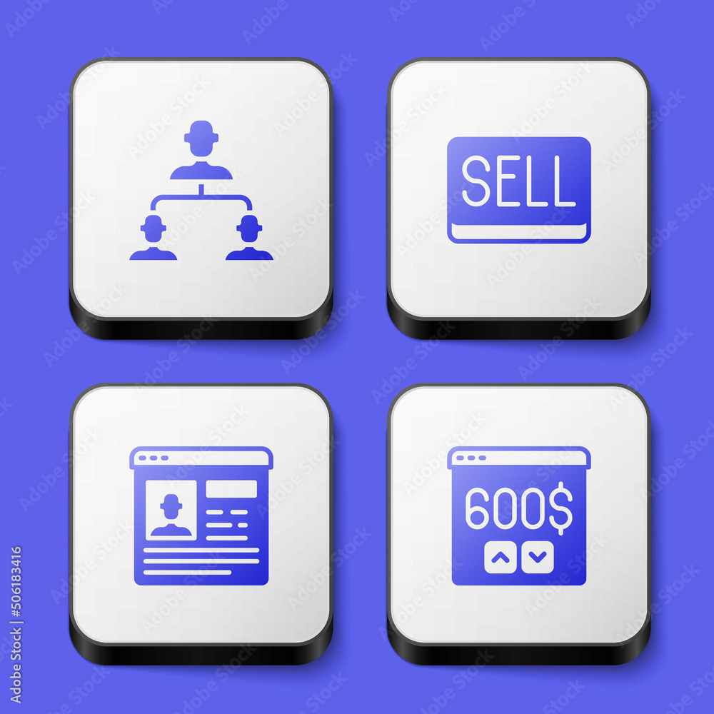 Poster set employee hierarchy, sell button, resume and monitor with dollar icon. white square button. vecto