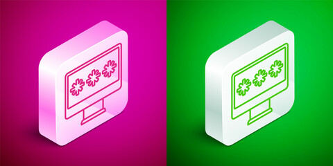 Isometric line Monitor with password notification icon isolated on pink and green background. Security, personal access, user authorization, login form. Silver square button. Vector
