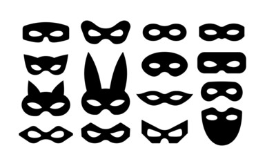 Mask superhero or carnival villain vector icon set. Black masquerade costume eye mask silhouette hidden person face. Simple design incognito party masque shape clip art illustration.