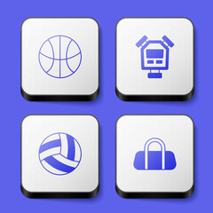 Set Basketball ball, Stopwatch, Volleyball and Sport bag icon. White square button. Vector