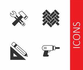 Set Electric drill machine, Hammer and wrench spanner, Triangular ruler pencil and Parquet icon. Vector
