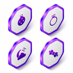 Set Isometric Bottle with potion, Magic stone ring, Moon and stars and Bow tie icon. Purple hexagon button. Vector