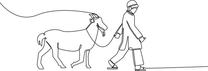 Single one line drawing Young muslim boy take a goat for sacrifice. Happy Eid Al Adha. Continuous line draw design graphic vector illustration.