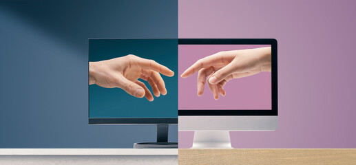Male and female hands reaching for each other online