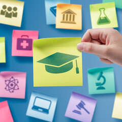 Sticky notes with school subjects icons