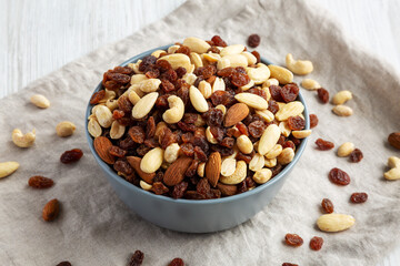 Raw Trail Mix with Nuts and Fruits in a Bowl, side view.