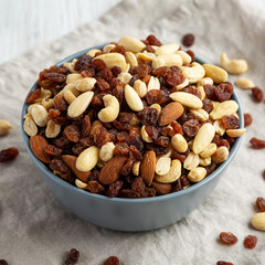 Raw Trail Mix with Nuts and Fruits in a Bowl, low angle view. Close-up.