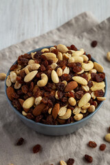 Raw Trail Mix with Nuts and Fruits in a Bowl, side view.