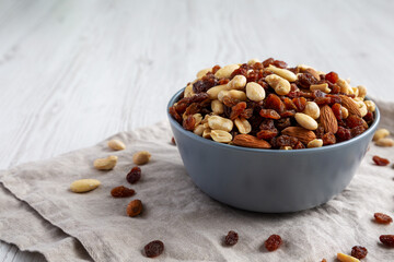 Raw Trail Mix with Nuts and Fruits in a Bowl, side view. Copy space.