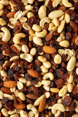 Raw Trail Mix with Nuts and Fruits, top view. Flat lay, overhead, from above.