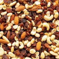 Raw Trail Mix with Nuts and Fruits, top view. Flat lay, overhead, from above.