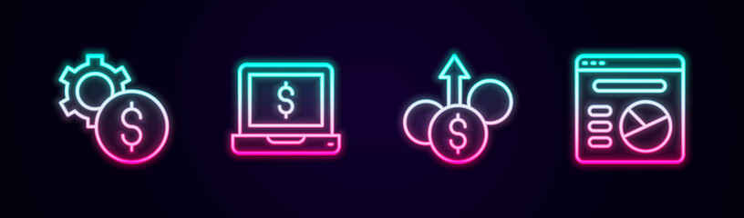 Set line Gear with dollar symbol, Laptop, Financial growth and Pie chart infographic. Glowing neon icon. Vector