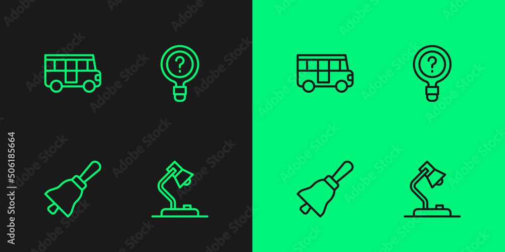 Poster set line table lamp, ringing bell, school bus and unknown search icon. vector