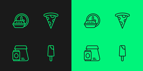 Set line Ice cream, Online ordering food, Round the clock delivery and Slice of pizza icon. Vector