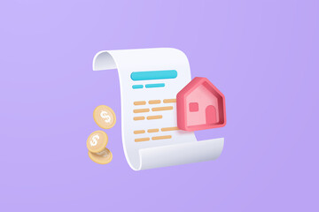 3D vector bill with home for payment transaction with money coin. Business house invoice bill expenses idea concept. 3d cartoon render paper receipt for shopping in store isolate purple background
