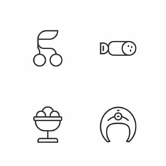 Set line Fish steak, Ice cream in the bowl, Fresh berries and Salami sausage icon. Vector