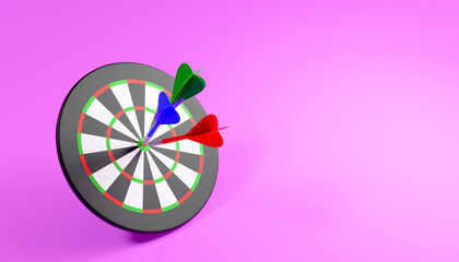 3d render of darts game on pink background with copy space for your text.Illustration of a digital image for leisure and games.