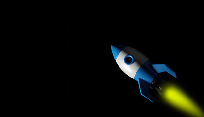 3d render of a flying rocket icon on a black background with copy space for your text.Digital image illustration.
