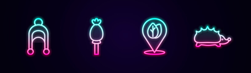 Set line Winter hat, Opium poppy, Location with leaf and Hedgehog. Glowing neon icon. Vector