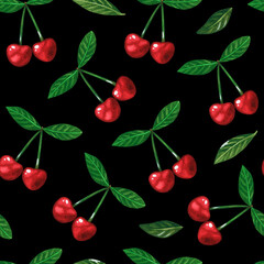 Cherry Seamless Pattern. Watercolor illustration. Isolated on a black background. For design.