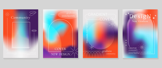 Obraz na płótnie Canvas Abstract gradient fluid liquid cover template. Set of modern poster with vibrant graphic color, hologram, circle bubbles, star elements. Minimal style design for brochure, flyer, wallpaper, banner.
