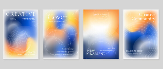 Abstract gradient fluid liquid cover template. Set of modern poster with vibrant graphic color, hologram, circle bubbles, star elements. Minimal style design for brochure, flyer, wallpaper, banner.