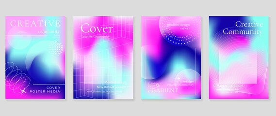 Abstract gradient fluid liquid cover template. Set of modern poster with vibrant graphic color, hologram, circle bubbles, star elements. Minimal style design for brochure, flyer, wallpaper, banner.