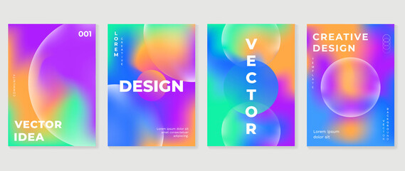 Abstract gradient fluid liquid cover template. Set of modern poster with vibrant graphic color, hologram, circle bubbles, star elements. Minimal style design for brochure, flyer, wallpaper, banner.