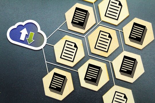 hexagon with file icons and cloud computing. Document Management System concept