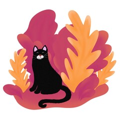 Silhouette of black cat.Black mystic cat.Beautiful background,wallpaper template with black cat.Cat on the background of bright leaves.Beautiful bright leaves and bushes.Smooth gradient on leaves.
