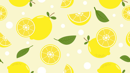 Fresh fruit seamless pattern vector. Yellow lemon, leaves, round shapes, citrus, tropical fruits background. Lemon repeated in fabric pattern for prints, wallpaper, cover, papers, packaging.