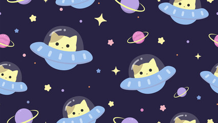 Cute cat seamless pattern vector. Adorable cats, space, planet, stars, rocket, galaxy on dark background. Cute animal repeated in fabric pattern for prints, wallpaper, cover, papers, packaging.