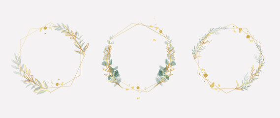 Luxury botanical gold wedding frame elements on white background. Set of polygon shapes, glitters, eucalyptus leaves, leaf branches. Elegant foliage design for wedding, card, invitation, greeting.
