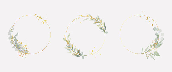 Luxury botanical gold wedding frame elements on white background. Set of circle shapes, glitters, eucalyptus leaves, leaf branches. Elegant foliage design for wedding, card, invitation, greeting. - obrazy, fototapety, plakaty