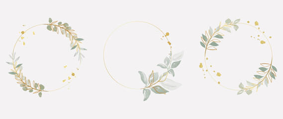 Luxury botanical gold wedding frame elements on white background. Set of circle shapes, glitters, eucalyptus leaves, leaf branches. Elegant foliage design for wedding, card, invitation, greeting.