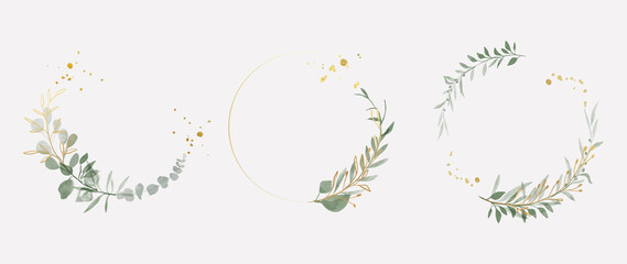 Luxury botanical gold wedding frame elements on white background. Set of circle shapes, glitters, eucalyptus leaves, leaf branches. Elegant foliage design for wedding, card, invitation, greeting.