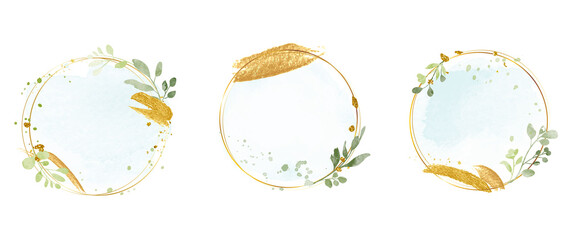 Luxury botanical gold wedding frame elements on white background. Set of circle shapes, glitters, eucalyptus leaves, leaf branches. Elegant foliage design for wedding, card, invitation, greeting. - obrazy, fototapety, plakaty