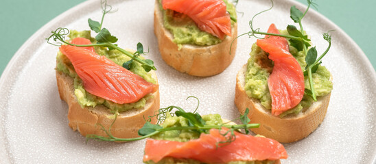Salted salmon open sandwich with avocado guacamole and microgreens in a plate. Green pastel background. The concept of healthy and diet food. Side view, selective focus. Banner
