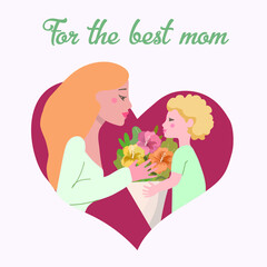 Mom with son, son gives a bouquet of hibiscus, vector composition in shape of heart for Happy Mother's Day, lettering Best Mom, motherly love, warm feeling.