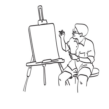 artist sketching on easel, black and white clip art preview