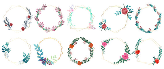 Luxury botanical gold wedding frame elements on white background. Set of different shapes, polygon, eucalyptus leaves, leaf branches, flowers. Elegant floral design for wedding, card, invitation.