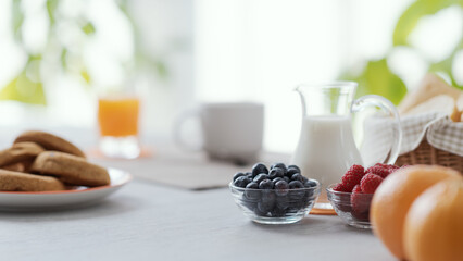 Delicious breakfast at home with fresh fruit
