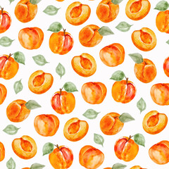 Watercolor hand drawn seamless pattern with apricots and leaves