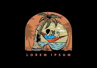 Man on hammock in skull shape illustration