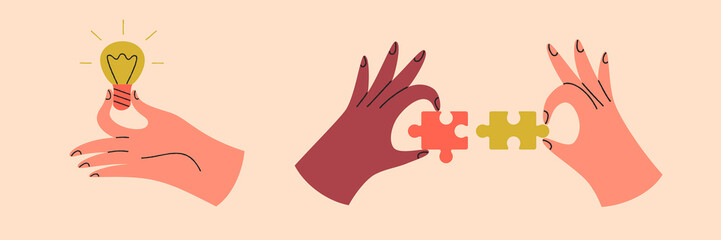 Set of colorful hands holding different objects. Different gestures. Hands with  lightbulb-idea, puzzles. Colored flat graphic vector isolated illustration.