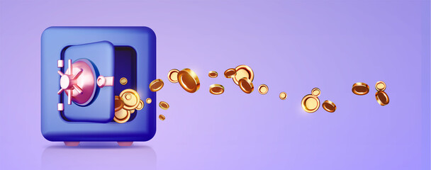 3D open safe box with flying golden coins. Money protection render. Frontal view. Banking safety clip art.