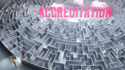 Accreditation and a difficult path, confusion and frustration in seeking it, hard journey that leads to Accreditation,3d illustration